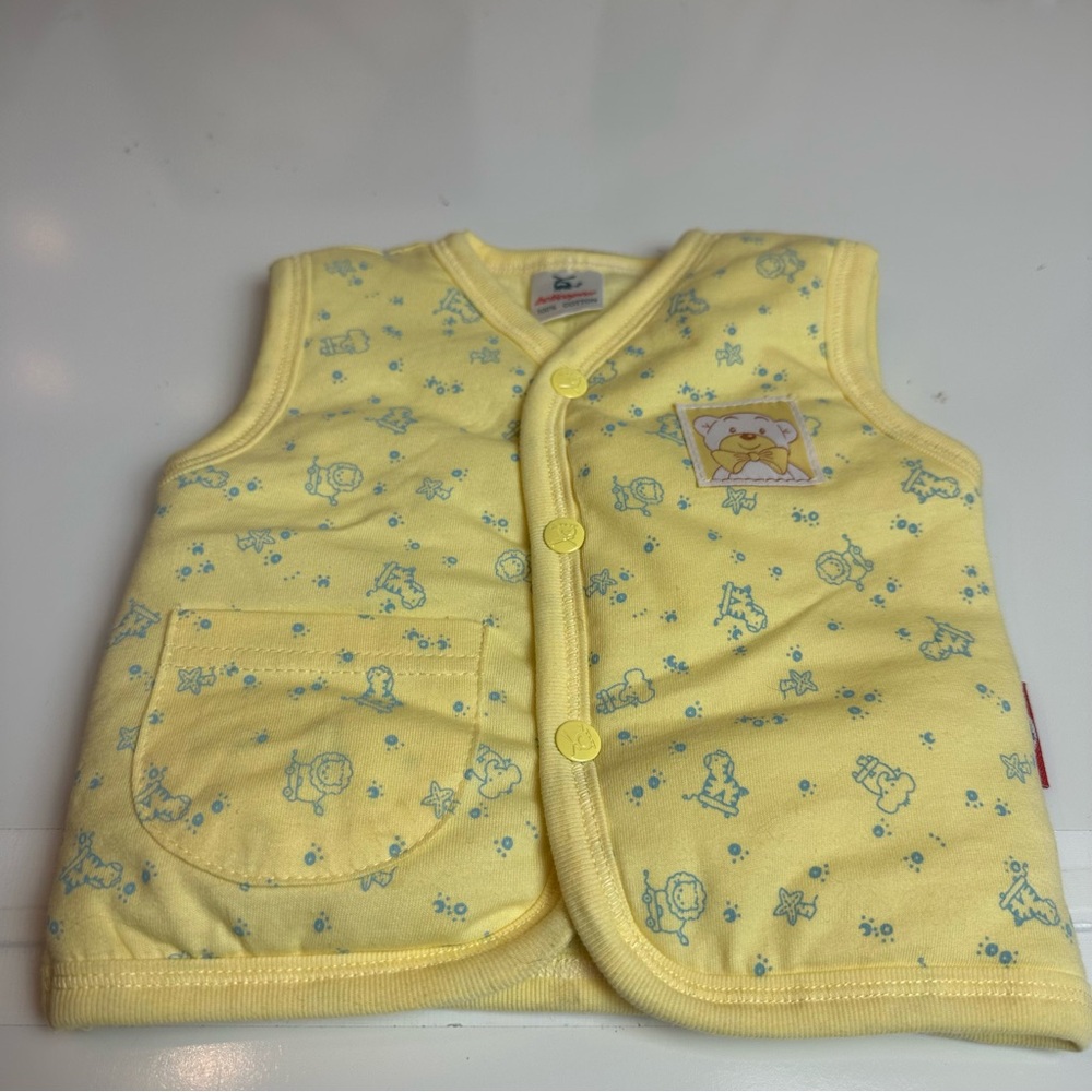 Vintage Baby Yellow Teddy Bear Cotton Vest Snap-Front Cozy Layering (3–6 Months)